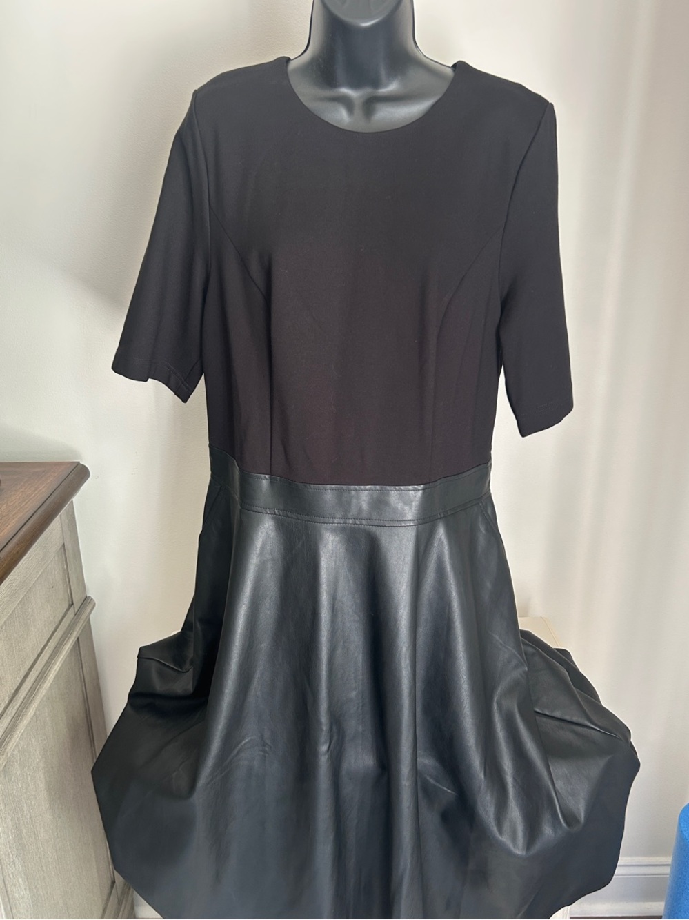 Black Short-Sleeve Midi Dress with Faux-Leather Skirt